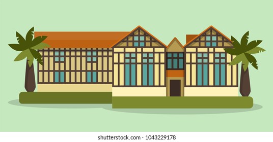 Illustration with abstract summer building with trees 