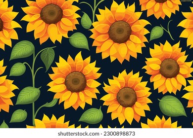 Illustration of abstract sunflowers with leaves