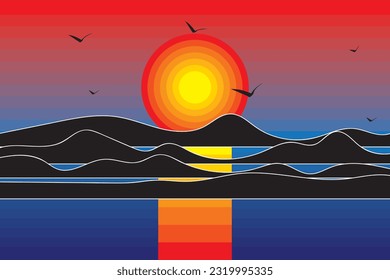 Illustration der abstrakten Sonnenuntergang Himmel mit Farbverlauf-Farbe und Silhouette Vogel und Berg Hintergrund.
