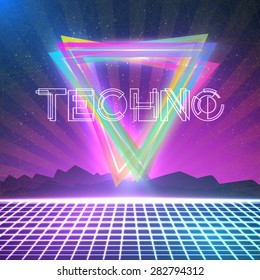 Illustration of Abstract Techno 1980s Style Background with Triangles, Neon Grid. Poster for Party, Night Club etc