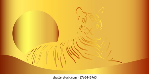 Illustration of Abstract Tiger with the concept of a Gold Color Hologram