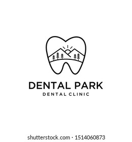 Illustration of abstract tooth dental mark with a view of mountains and trees inside logo design.