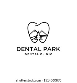 Illustration of abstract tooth mark with a view of mountains and trees inside.