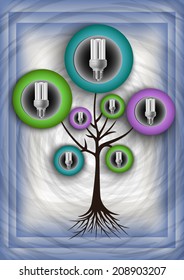 Illustration of abstract tree with energy saving bulbs and grunge texture 