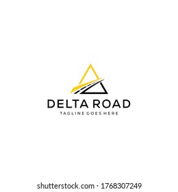 Illustration of abstract triangle sign that contains a graphic highway cutting in the middle as if crossing it
