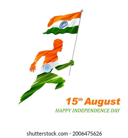 illustration of abstract tricolor banner man running with Indian flag for 15th August Happy Independence Day of India