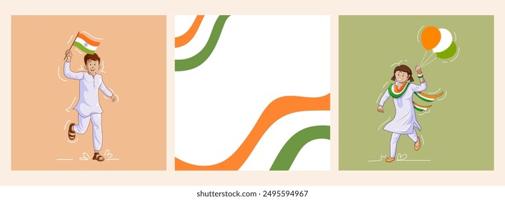 illustration of abstract tricolor banner man running with Indian flag for 15th August Happy Independence Day of India