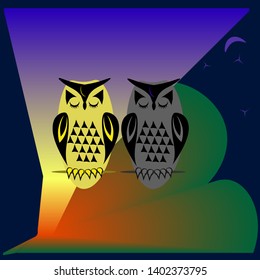illustration abstract two owls yellow and gray blue sky red sun stars moon vector graphics