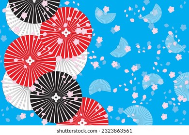 Illustration, Abstract umbrella with sakura flower and petal fall on blue background.