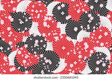 Illustration, Abstract umbrella with sakura flower and petal fall on black background.