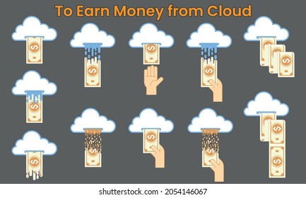 Illustration abstract vector about making money with cloud in various symbol for using in your graphic work.
Illustration of earning money or cash from cloud. Illustration of hand picking up cash from