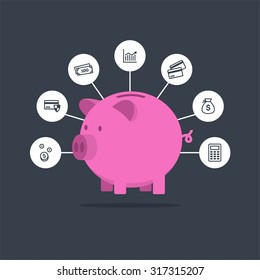 Illustration of an abstract vector piggy bank with icon web