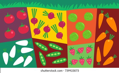 Illustration of an Abstract Vegetable Garden Plot Consisting of Tomato, Radish, Beans, Strawberry, Lettuce and Carrots