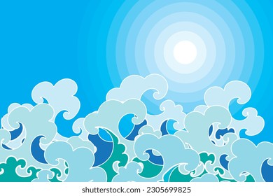 Illustration, Abstract wave with sun on blue sky background.