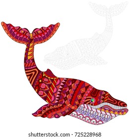 Illustration of abstract whale, animal and painted its outline on white background , isolate