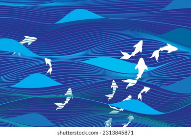 Illustration abstract of white fish with blue line wave background.