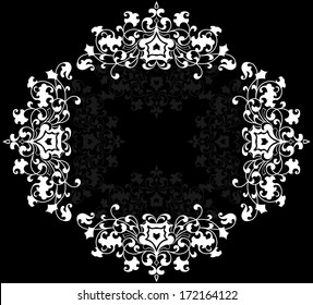 Illustration of abstract white floral frame on black background 