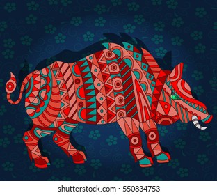 Illustration with abstract wild a red pig on a dark blue floral background