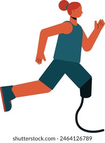 Illustration of abstract woman running competition with leg prostheses in a tank top and shorts. Running athlete flat design illustration.