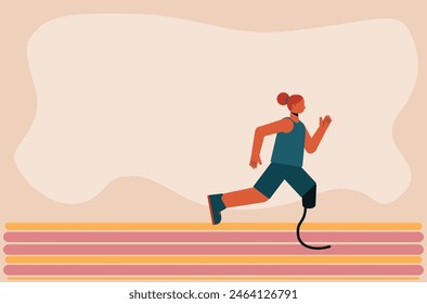 Illustration of abstract woman running competition with leg prostheses in a tank top and shorts. Running athlete flat design illustration.