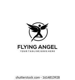 Illustration abstract women flying with wings like angel silhouette logo design template 