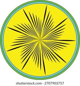 Ilustración del diseño abstracto del círculo amarillo con las líneas agudas negras radiantes