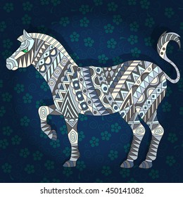 Illustration with abstract Zebra on a dark floral background