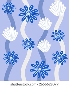 Ilustración de abstracción con conchas y flores sobre un fondo azul.