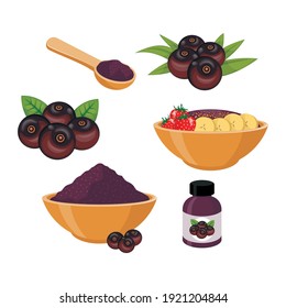 Illustration of acai berry and smoothie in bowl 