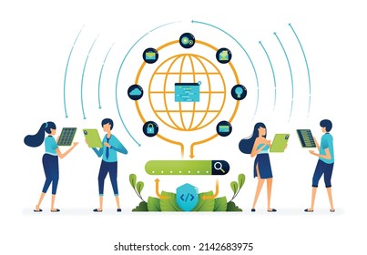 Illustration of access internet network that is encrypted for security in operating search engines. database big data management. Can be used for landing page, website, apps, poster, flyers, banner