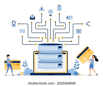 Illustration of access shared data and files on a laptop connected to a database system storage service. Vector design can be use for website, web, poster, banner, flyer, mobile apps, social media