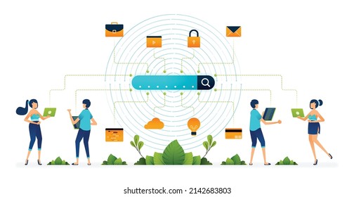 Illustration eines zugänglichen Suchmaschinennetzwerks mit integrierter IoT-Technologie zur Optimierung der Erstellung von Algorithmen für künstliche Intelligenz. Kann für Website, mobile App, Poster, Flyer, Banner verwendet werden