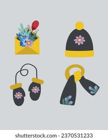  Illustration of Accessories with Flowers Envelope and Hat, Scarf, Mittens