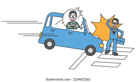 It is an illustration of an accident between a car driven by a man and a male office worker who is commuting.