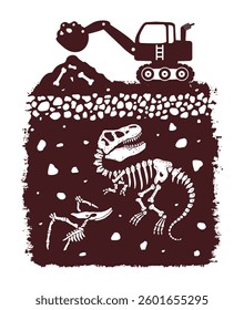 Illustration of accidental paleontological excavation. Art in childish and comical style.