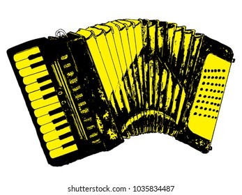 Illustration of an accordion vintage music instrument, grunge background.