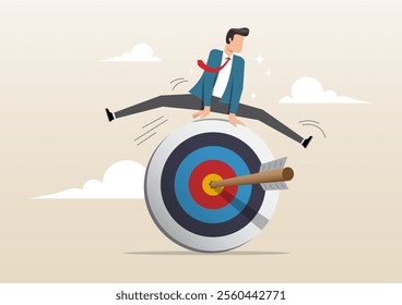 An illustration of Achieve target, skillful businessman jumping over arrow hit bullseye target. reaching goal, accomplishment, success mission or victory concept