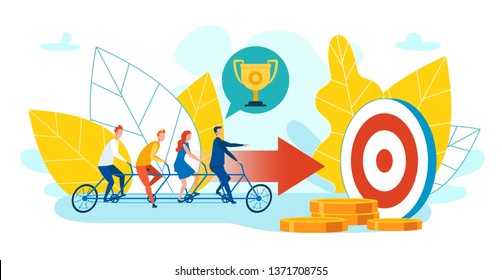Illustration Achievements Sought by Team Members. Men and Women Ride Common Bike in Direction Arrow. Team Metaphor Features and Attitudes. Strengths and Weaknesses Team. Vector Flat.