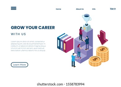 illustration of achieving a career in a corporate environment, the process of teamwork in achieving success in isometric 3d illustration style