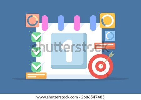 Illustration of achieving goals on schedule, symbolizing daily planning, goal setting, and completing predetermined targets efficiently and on time.