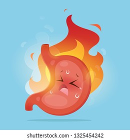 Illustration From Acid Reflux Or Heartburn And Gastritis On The Blue Background, The Concept With Indigestion And Stomach Pain Problems, Cartoon And Vector