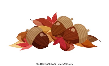 Illustration of an acorn lying on fallen leaves