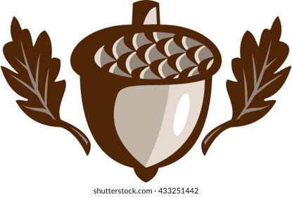 Illustration of an acorn and oak leaf set on isolated white background done in retro style. 