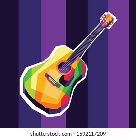 
illustration of an acoustic classical guitar that sounds beautiful when played, in a vector pop art design wpap with a purple background