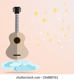 Illustration of acoustic guitar with cloud and star  in the sky , Flat design.Vector EPS 10 
