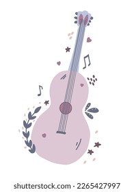 Illustration with acoustic guitar, cute pastel print for music festival or t-shirt