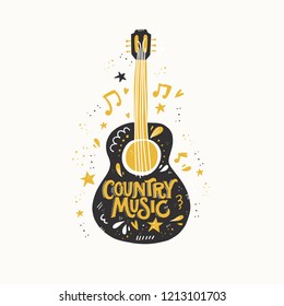 Illustration with acoustic guitar and hand lettering. Great element for music festival or t-shirt. Vector concept.