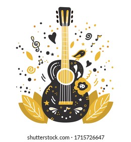 Illustration with acoustic guitar and hand lettering. Guitar concert flyer template. Flat hand drawn vector illustration.