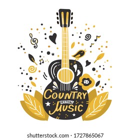 Ilustración con guitarra acústica y letras a mano. Plantilla de volante para conciertos de guitarra. Ilustración vectorial dibujada a mano plana. Representación de banda de rock, plantilla de banners de conciertos