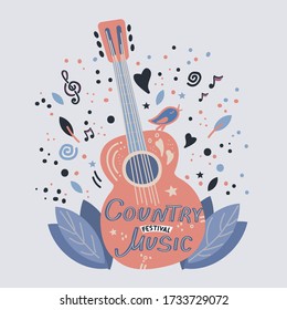 Illustration with acoustic guitar and hand lettering. Guitar concert flyer template. Flat hand drawn vector illustration. Rock band performance, concert banner template